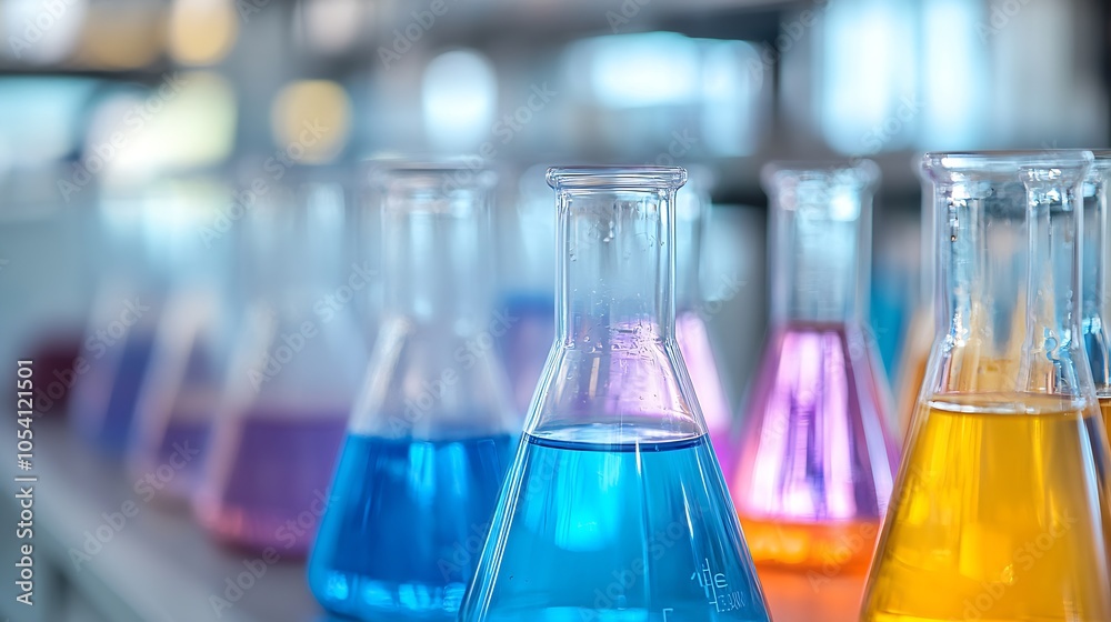 Aufkleber Row of Vibrant Laboratory Flasks with Colorful Liquids Exploring Science and Chemistry Experiment : Generative AI