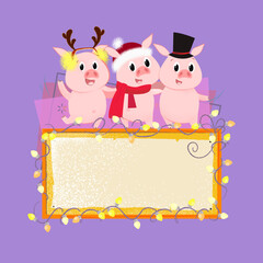 Naklejka premium Company of Christmas pigs dancing on sign with copy space. Christmas party concept. Vector illustration can be used for banner design, festive posters, greeting cards, party invitations