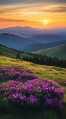 Fototapeta premium Stunning Mountain Landscape with Colorful Wildflowers at Sunrise : Generative AI