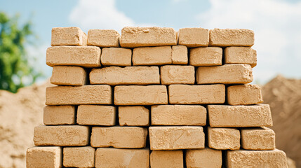 Obraz premium Stacked clay bricks under a clear sky an insight into raw materials and construction practices in modern architecture
