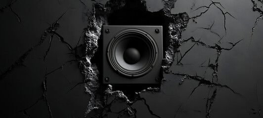 3D render of a speaker in a hole on a cracked wall