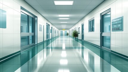 Fototapeta premium A long narrow empty corridor with closed doors along the walls. Apartments, wards or offices in a stylish modern building. Illustration for a cover, postcard, brochure or advertisement.