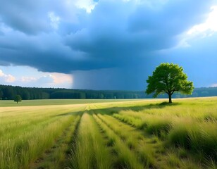 Obraz premium During a rainy day, a forest around a grassy field with a green tree in the background and a cloudy blue sky is surrounded by a tree.