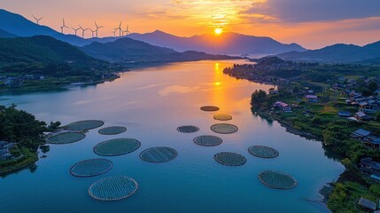 Sunset Over a Lake With Circular Fish Farms and Wind Turbines on a Hill
