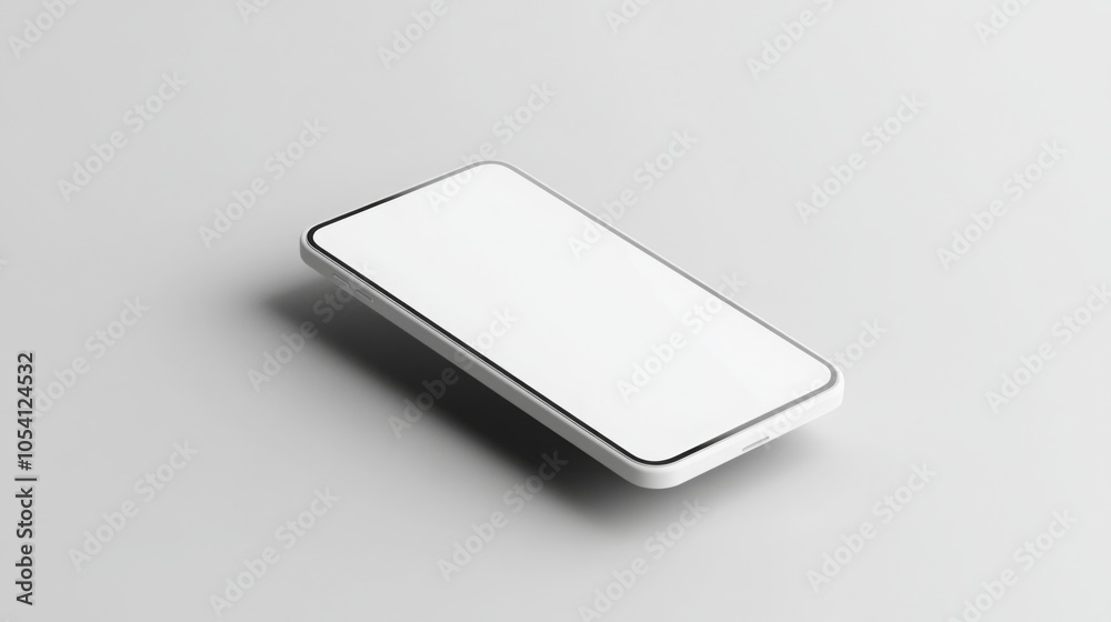 Fototapete A white smartphone is lying on a plain gray surface. The smartphone has a blank screen and a white case. The device is angled slightly to the right, with the top of the screen facing the viewer.