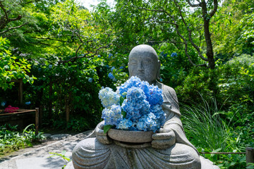 明月院の地蔵と紫陽花