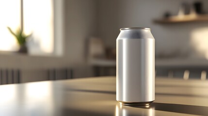 Blank mockup template of a minimalistic beverage can with custom labeling, resting on a clean, shiny surface with subtle reflections.