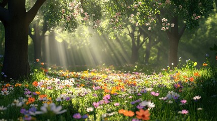 Fototapeta premium A tranquil forest glade with sunlight filtering through the tree canopy, illuminating a carpet of wildflowers