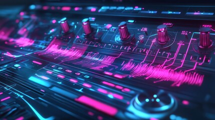 Fototapeta premium Close-up of a futuristic audio mixing console with glowing pink and blue lights, featuring knobs and a digital display with waveforms.