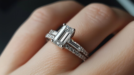 Palec, ozdobiony olśniewającą obrączką zaręczynową, prezentuje luksusowy pierścionek z diamentami.