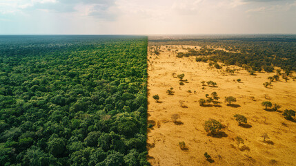 Lush green rainforest transitioning to dry savannah landscape showcasing environmental change and...
