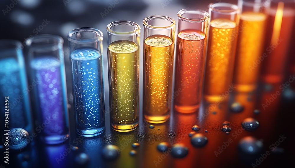 Poster colorful chemical material in test tubes with glittering solution on laboratory bench : generative a