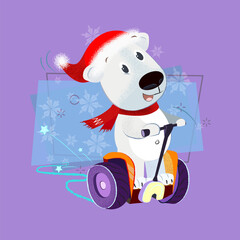 Happy Christmas dog riding gyroscooter. Christmas vacation concept. Vector illustration can be used for banner design, festive posters, greeting cards