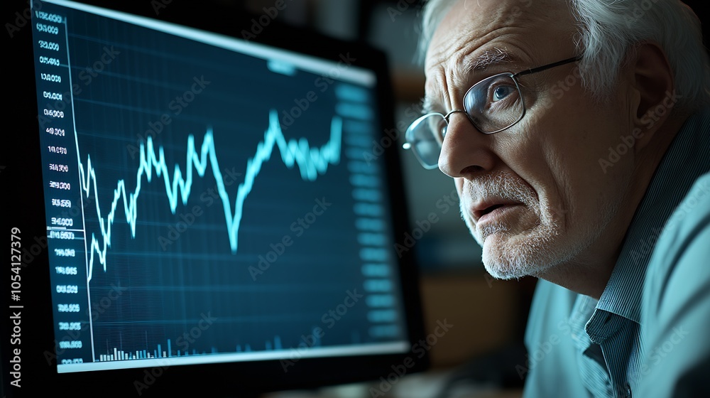 Poster senior man analyzing stock market trends with concern on monitor : generative ai