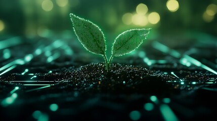 Futuristic Technology Meets Nature Green Plant Surging from Microchip : Generative AI