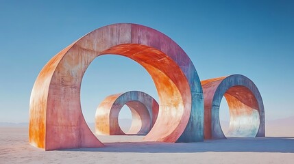 Pastel desert scene with surreal geometric shapes futuristic arches and a soft blue sky