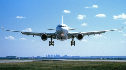 Naklejka premium Airplane Landing on Runway with City Skyline in the Background