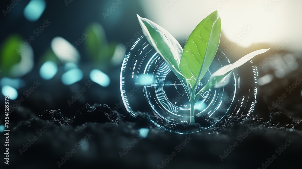 Poster technology-enhanced green plant growing with futuristic digital interface in soil : generative ai