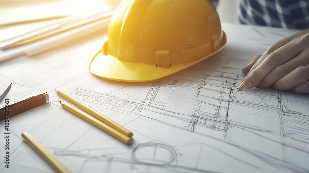 Poster Yellow Construction Hard Hat on Technical Engineering Desk With Blueprints and Drafting Tools : Generative AI