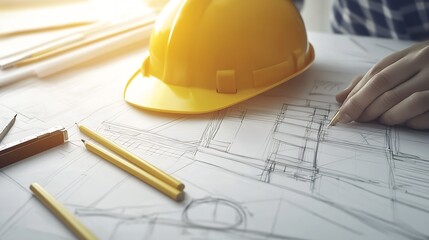 Yellow Construction Hard Hat on Technical Engineering Desk With Blueprints and Drafting Tools : Generative AI