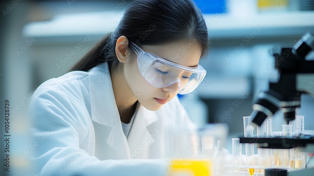 Leinwandbilder female scientist in laboratory conducting experiment with focus and precision : generative ai