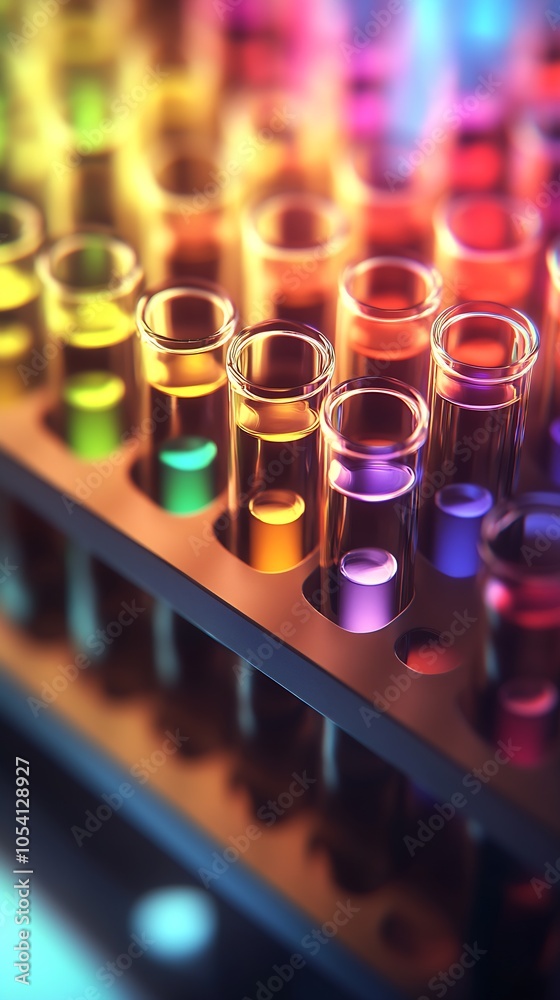 Poster Array of Colorful Test Tubes with Liquid for Scientific Laboratory Research : Generative AI