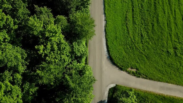Luftaufnahme einer gr&uuml;nen Landschaft mit Stra&szlig;e und b&auml;umen 