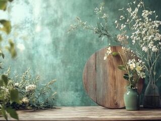 Textured wooden circle on soft green backdrop