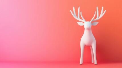 Fototapeta premium A stylized, white deer figurine stands against a vibrant pink gradient background, showcasing minimalistic design and artistic flair.