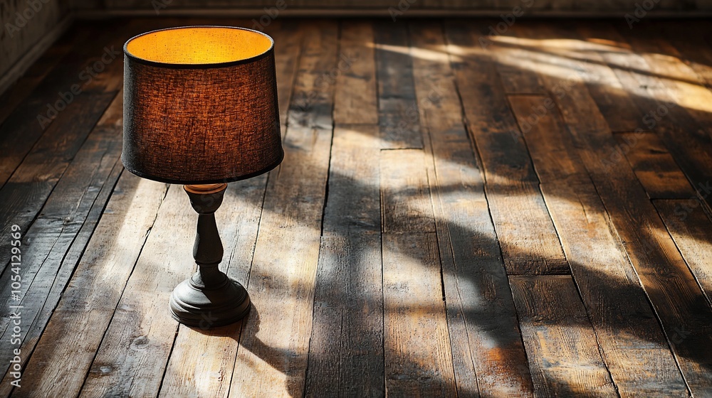 Poster a vintage lamp with a black lampshade on a rustic wooden floor with sunbeams shining through the win