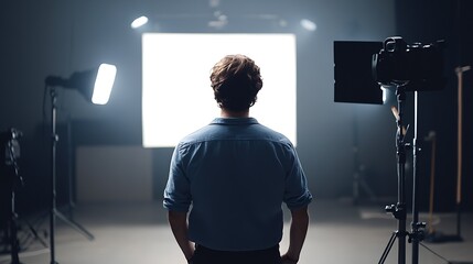 Back View of Person in Photography Studio with Lighting Equipment : Generative AI
