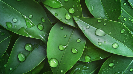 nature background of green leaves with water droplets