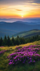 Obraz premium Breathtaking Sunrise Over Mountains with Blooming Wildflowers : Generative AI