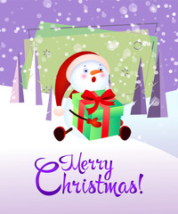 Wishing Merry Christmas and Happy New Year  snowman with gift banner design. Creative calligraphy with cartoon character of snowman with gift. Snowy trees on background. Can be used for posters, banne