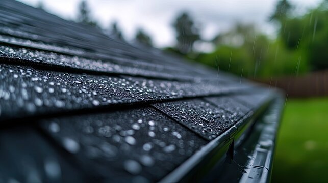 Rain droplets on a black roof shingle, blurred green background.