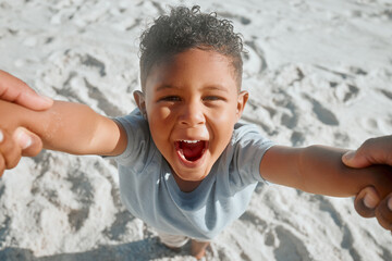 Hands, excited and child with parent, outdoor and happy for fun in nature, playing and joy for...