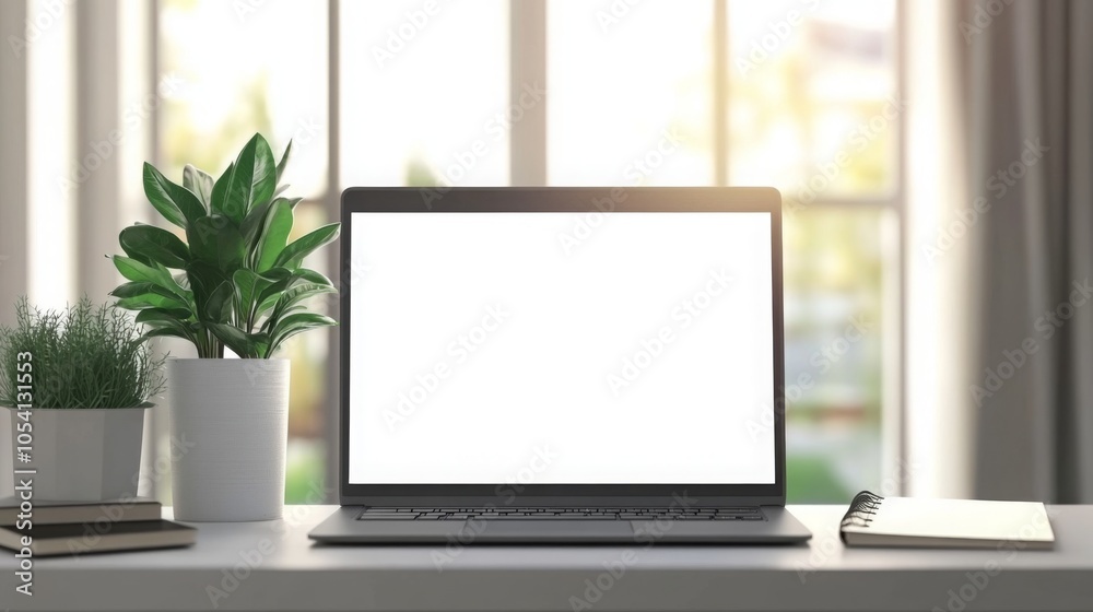 Poster the workspace features a sleek laptop on a desk, complemented by a small potted plant and a notebook