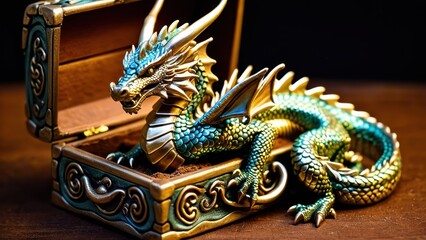 Obraz premium This artistic dragon sculpture, perched over a treasure box, offers a stunning centerpiece for fantasy decor or collector's shelves.