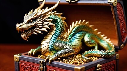 Fototapeta premium This artistic dragon sculpture, perched over a treasure box, offers a stunning centerpiece for fantasy decor or collector's shelves.
