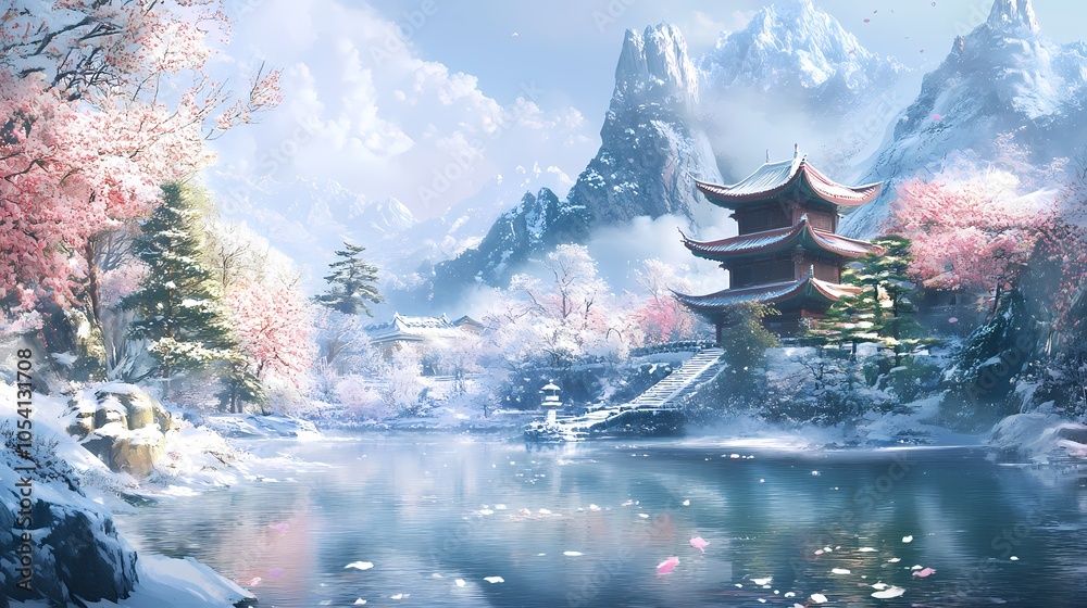 Wall mural serene snowy landscape with cherry blossoms and pagoda