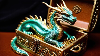 Fototapeta premium This artistic dragon sculpture, perched over a treasure box, offers a stunning centerpiece for fantasy decor or collector's shelves.