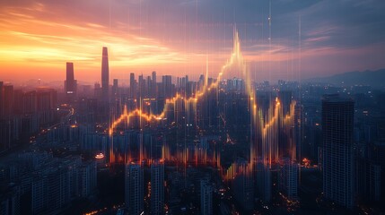 Fototapeta premium City skyline at sunset with glowing financial graph overlay urban economy concept : Generative AI