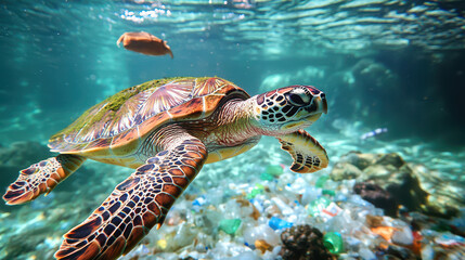 Obraz premium Green sea turtle swimming gracefully in clear water, surrounded by plastic debris illustrating ocean pollution issues