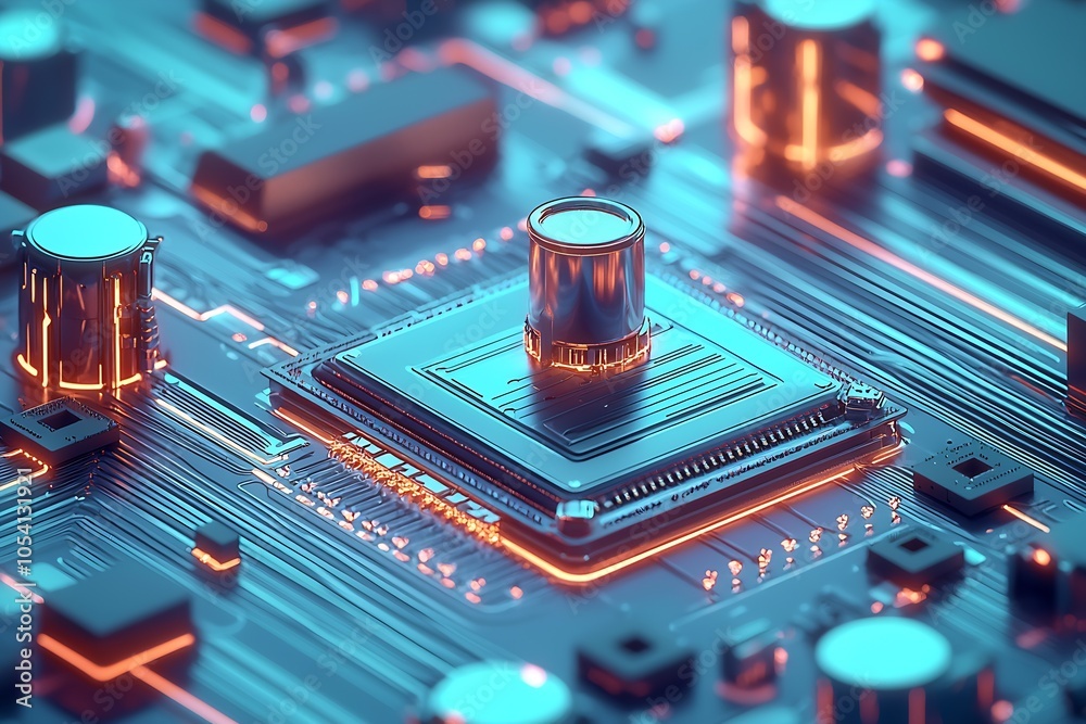 Poster Futuristic Circuit Board with Glowing Elements and Key Component Central to Technology : Generative AI