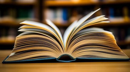 Fototapeta premium Open Hardcover Book on Wooden Table in Quiet Library Environment : Generative AI