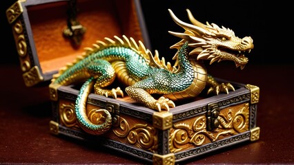 Fototapeta premium This artistic dragon sculpture, perched over a treasure box, offers a stunning centerpiece for fantasy decor or collector's shelves.