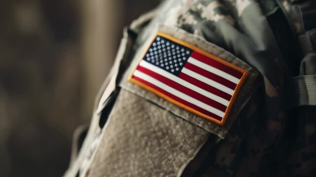 Close up of an american soldier's uniform sleeve displaying the usa flag patch, symbolizing patriotism, service, and national pride during veterans day, memorial day, or independence day