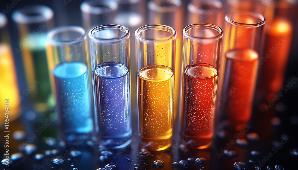 Poster vibrant rainbow of test tubes filled with shimmering solutions in scientific setting : generative ai