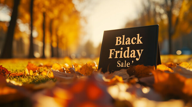  black friday sale sign on autumn leaves with golden sunlight in park
