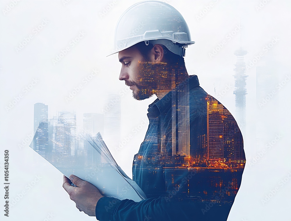 Poster architectural engineer analyzing blueprints amidst cityscape background : generative ai